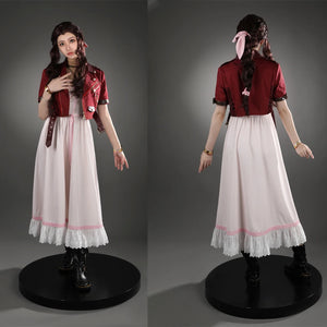 Game FF7 Adult Aerith Gainsborough Costume Cosplay Final Fantasy Remake Halloween Outfit Fancy Women Red Jacket Pink Dress