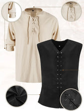 Load image into Gallery viewer, 6 Pcs Men&#39;s Halloween Renaissance Costume Set Medieval Vest Shirt Ankle Banded Pants Viking Belt Armband Pouch
