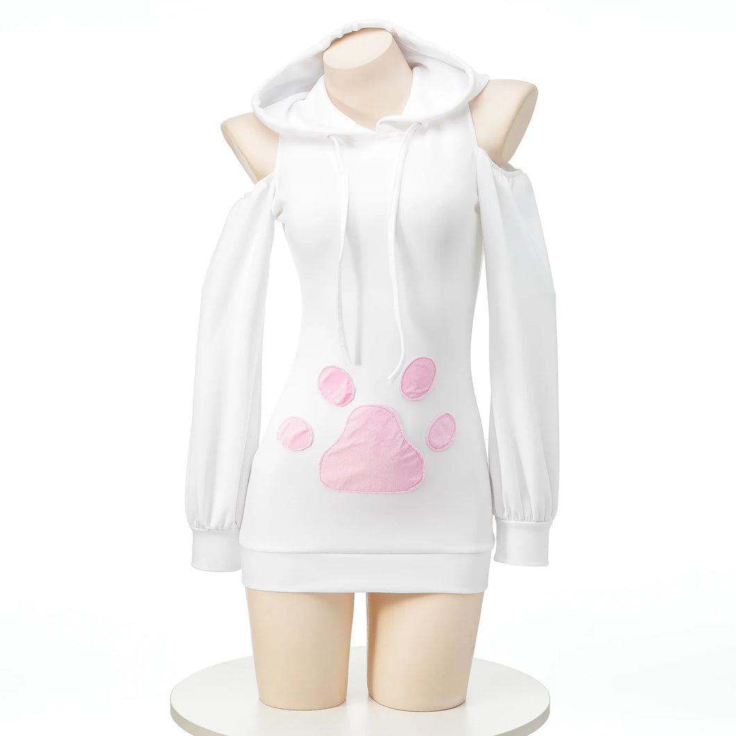 Anime Bunny Girl Cosplay Costumes Women Kawaii White Plush Hooded Bodysuit Cute Rabbit Ears Pajamas Sexy Shoulder Hoodies Dress