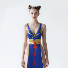 Load image into Gallery viewer, Cosplay Dress Blue Halter Neck High Slit Cheongsam Feminine Halter Neck Street Fighter Game Costume Halloween
