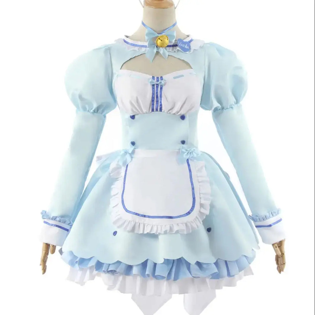Anime Nekopara Vanilla Cosplay Wig Costume Maid Lolita Dress Blue Halloween Party Show Role Play Outfits For Gir Christmas Party