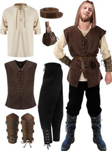 Load image into Gallery viewer, 6 Pcs Men&#39;s Halloween Renaissance Costume Set Medieval Vest Shirt Ankle Banded Pants Viking Belt Armband Pouch
