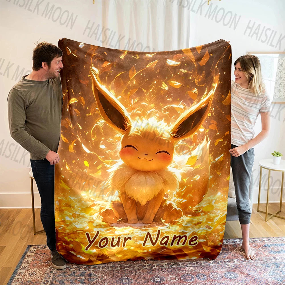 (Memo u Name)Customized Name Pokémon Eevee Print Blanket All Seasons Multi-purpose Blanket Suitable for Sofa Camping Travel Car