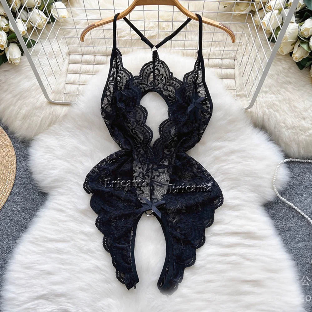 Sexy Lingerie Lace Transparent One Piece Bodysuit For Women Hollow Out Underwear Lace Up Teddy Erotic Lingerie Babydoll Leotards