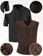 Load image into Gallery viewer, 6 Pcs Men&#39;s Halloween Renaissance Costume Set Medieval Vest Shirt Ankle Banded Pants Viking Belt Armband Pouch
