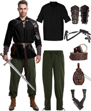 Load image into Gallery viewer, 8 Pcs Men&#39;s Renaissance Costume Halloween Medieval Pirate Shirt Pant Viking Costume Accessories Set
