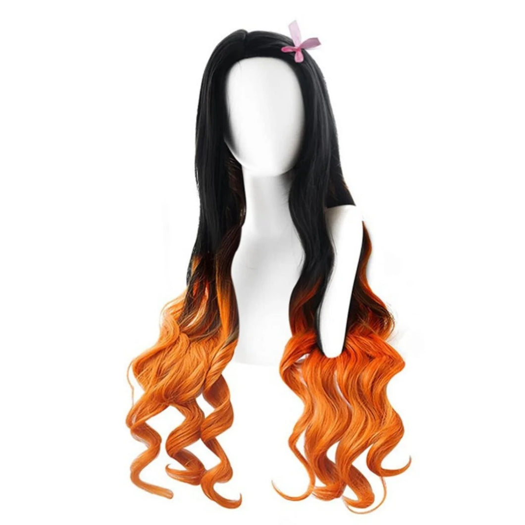 Kamado Nezuko Cosplay Wig Long Curly Black Orange Brown Gradient Ombre Hair Heat Resistant Synthetic Anime Wigs