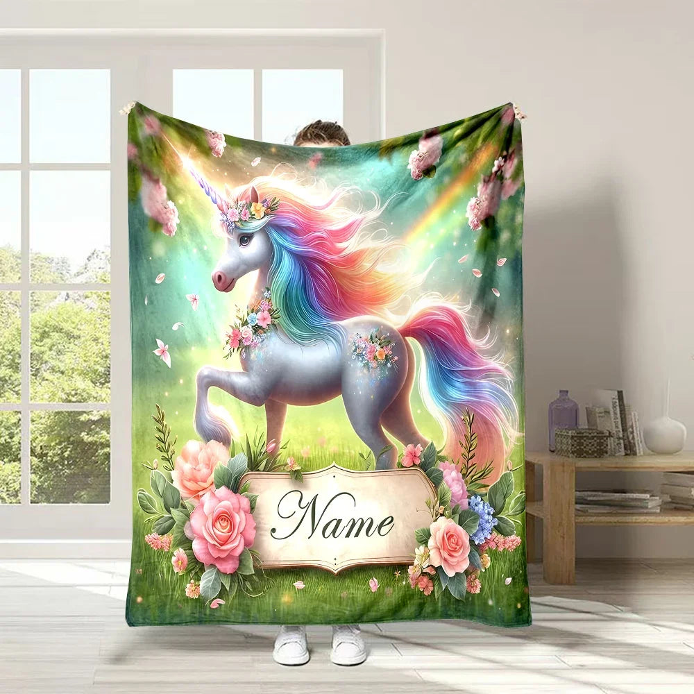 (Memo U Name) Customized Name Personalized Blanket Cartoon Unicorn Print Warm and Comfortable Blanket for Adults and Kids Gifts