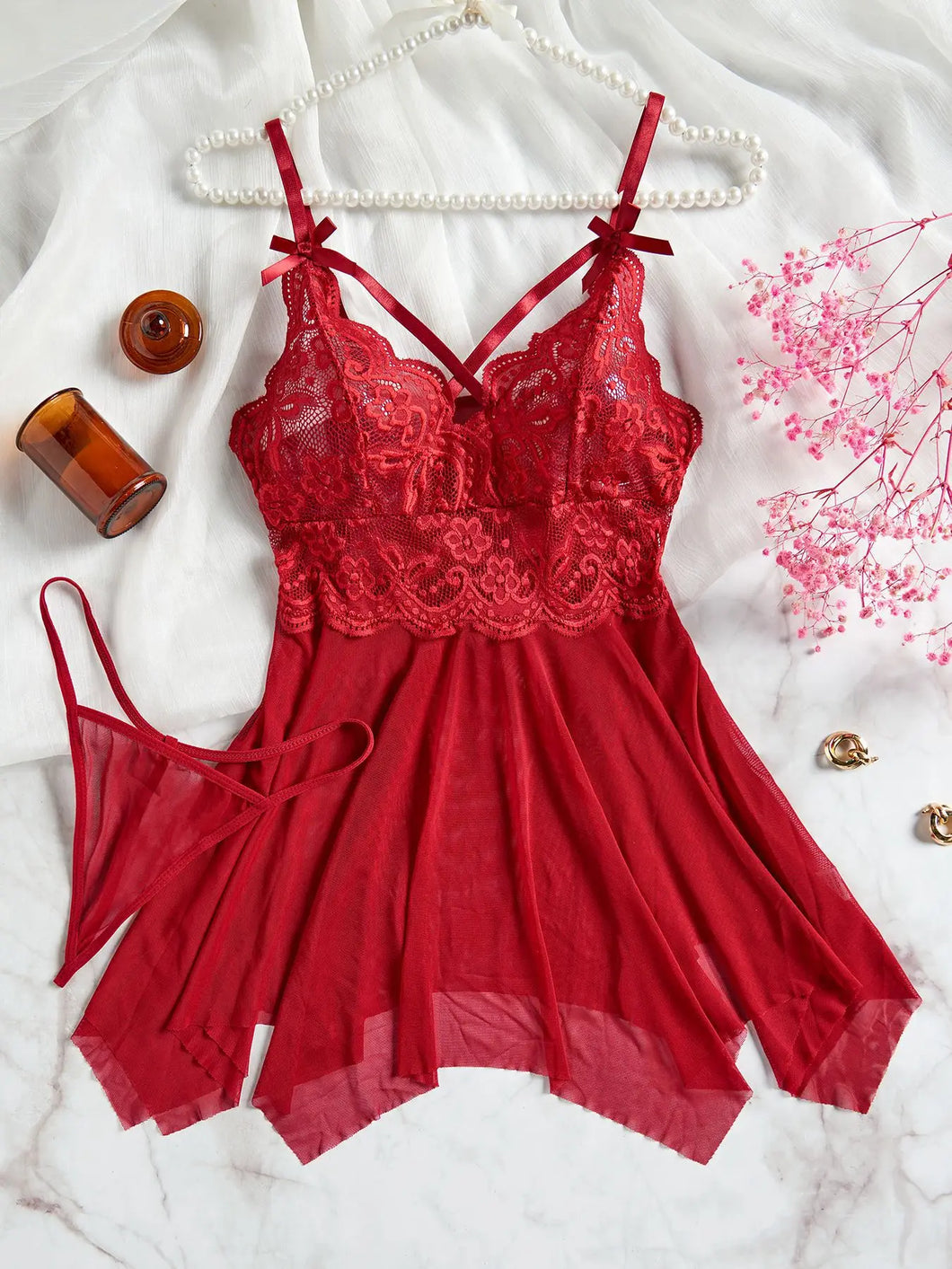 Transparent Red Sexy Lingerie Women's Underwear See Through Sleepwear Lace Nightdress And Panty Pijamas Sets Female Sexy Nighty