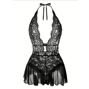 Hot Sell Crotchless Sexy Lingerie Women Lace Hollow Bodysuit Teddy Babydoll Dress Deep V Open Bra Erotic Underwear SET