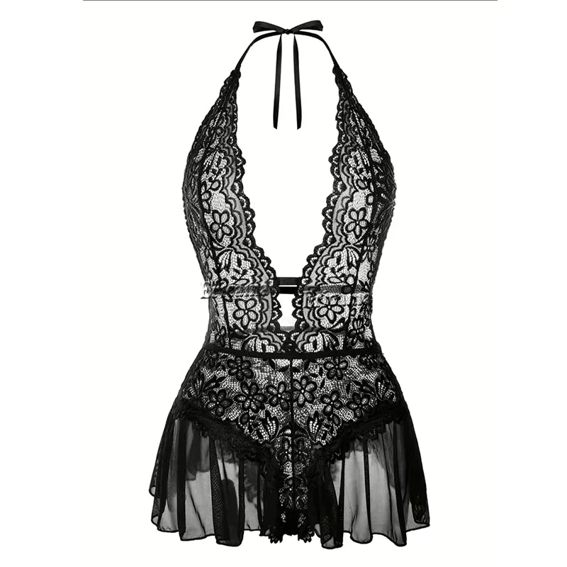 Hot Sell Crotchless Sexy Lingerie Women Lace Hollow Bodysuit Teddy Babydoll Dress Deep V Open Bra Erotic Underwear SET