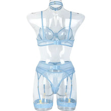 Load image into Gallery viewer, 3pcs Ladies Sexy Solid Sensual Lingerie Set Mesh Underwear Women Push Up Bra Garters Brief Sets Transparent Blue Bra
