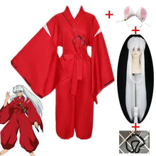 Load image into Gallery viewer, Anime Inuyasha Cosplay Costume Red Japanese Kimono Man Robe Costume Clothing With Wigs Ears And Necklace For Halloween Party
