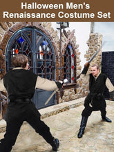 Load image into Gallery viewer, 6 Pcs Men&#39;s Halloween Renaissance Costume Set Medieval Vest Shirt Ankle Banded Pants Viking Belt Armband Pouch
