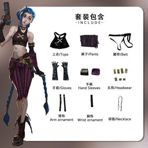 in stock Asian size LOL Jinx Cosplay Costume Anime LOL Arcane Jinx Cosplay outfit  Halloween Suit Costume jinx  wigs shoes