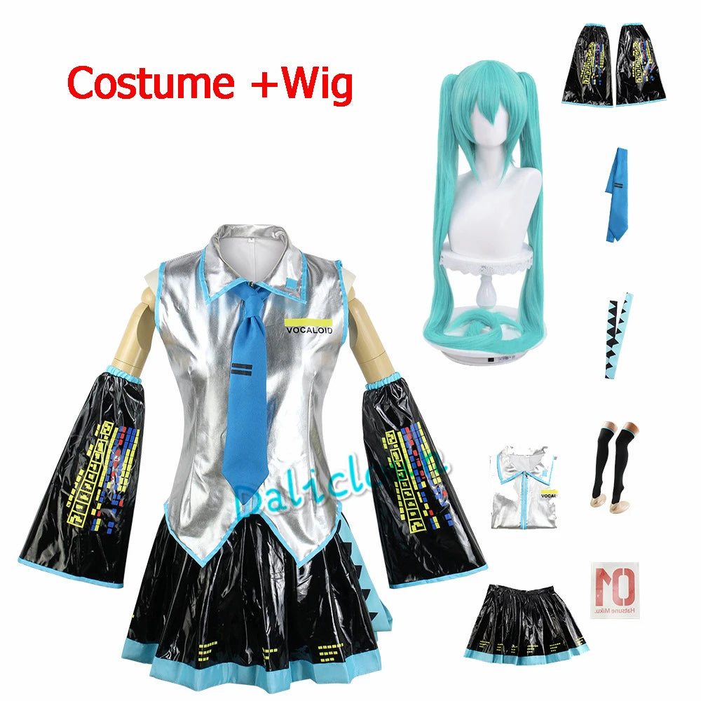 Anime Miku Cosplay Costume Wig Shoes Japan Leather Midi Dress Miku Cosplay Female Halloween Costume Girls JK Uniform Women Men