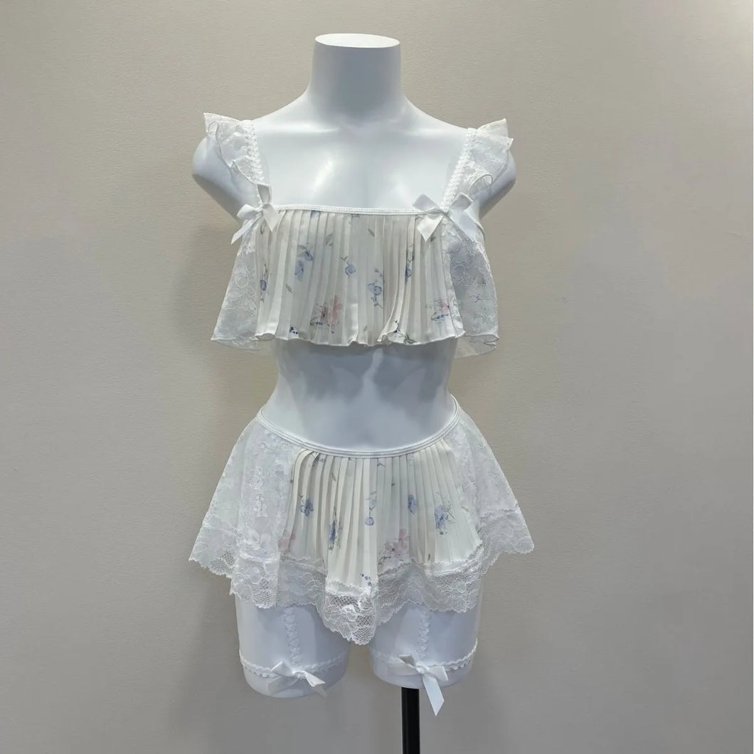 Sexy Underwear Strapless Bra & Brief Lingerie Three-piece Set Women's Pajamas Silk Lace Ruffles with Chest Pad Floral Printing