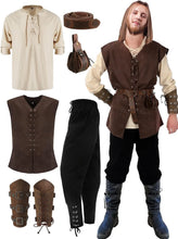 Load image into Gallery viewer, 6 Pcs Men&#39;s Halloween Renaissance Costume Set Medieval Vest Shirt Ankle Banded Pants Viking Belt Armband Pouch
