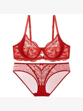 Load image into Gallery viewer, Designer Pure Desire Lingerie French Embroidered Lace Set Minimizing Full Bust Luxury Noir Niche Wedding Gift Unlined Bra Panty
