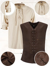 Load image into Gallery viewer, 6 Pcs Men&#39;s Halloween Renaissance Costume Set Medieval Vest Shirt Ankle Banded Pants Viking Belt Armband Pouch
