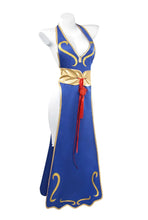 Load image into Gallery viewer, Cosplay Dress Blue Halter Neck High Slit Cheongsam Feminine Halter Neck Street Fighter Game Costume Halloween
