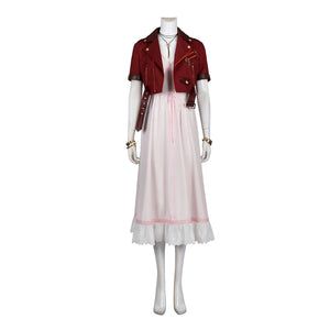 Game FF7 Adult Aerith Gainsborough Costume Cosplay Final Fantasy Remake Halloween Outfit Fancy Women Red Jacket Pink Dress
