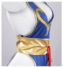 Load image into Gallery viewer, Cosplay Dress Blue Halter Neck High Slit Cheongsam Feminine Halter Neck Street Fighter Game Costume Halloween
