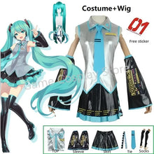 Load image into Gallery viewer, Miku Cosplay Full Set Silver Leather Fabric Suit Miku Cosplay Headwear Costume Outfit JK Sailor Dress High School Uniform Wig
