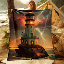 Load image into Gallery viewer, Lighthouse Ocean Theme Printed Flannel Blanket - Polyester, Digital Print, Reversible, All-Season, Non-Woven, Contemporary Style
