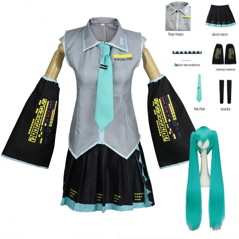 Anime Miku Cosplay Full Set Silver Grey Suit Miku Cosplay Headwear Costume Outfit JK uniform Cosplay Clothes Wig Halloween