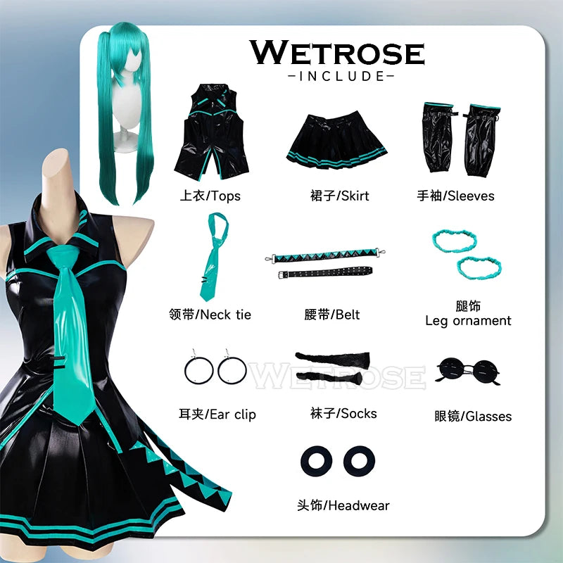 【Wetrose】In Stock Black Leather Miku Classic Cosplay Costume Patent Leather Latex Anime Full Set Wig Halloween