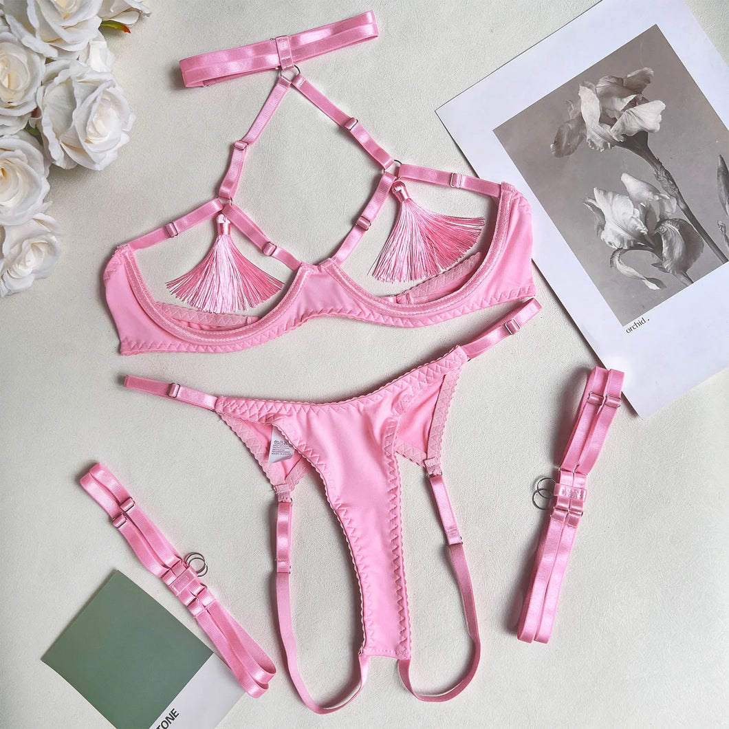 Sexy Lingerie Set Tassel Lingerie Set Women Cut Out Sexy Erotic Set  Solid Brief Underwear Set Nightwear