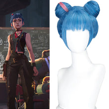 Load image into Gallery viewer, Arcane Jinx Cosplay Powder Cosplay Wig Bun Wig 120cm/150cm Drape Lace Wig Blue Long Hair For Halloween Party Role Play Suit
