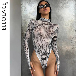 Ellolace Dragon Print Lace Bodysuit See Through Long Sleeve Tight Body Fancy Mesh Tops Fantasy Bodysuits Open Crotch Teddy