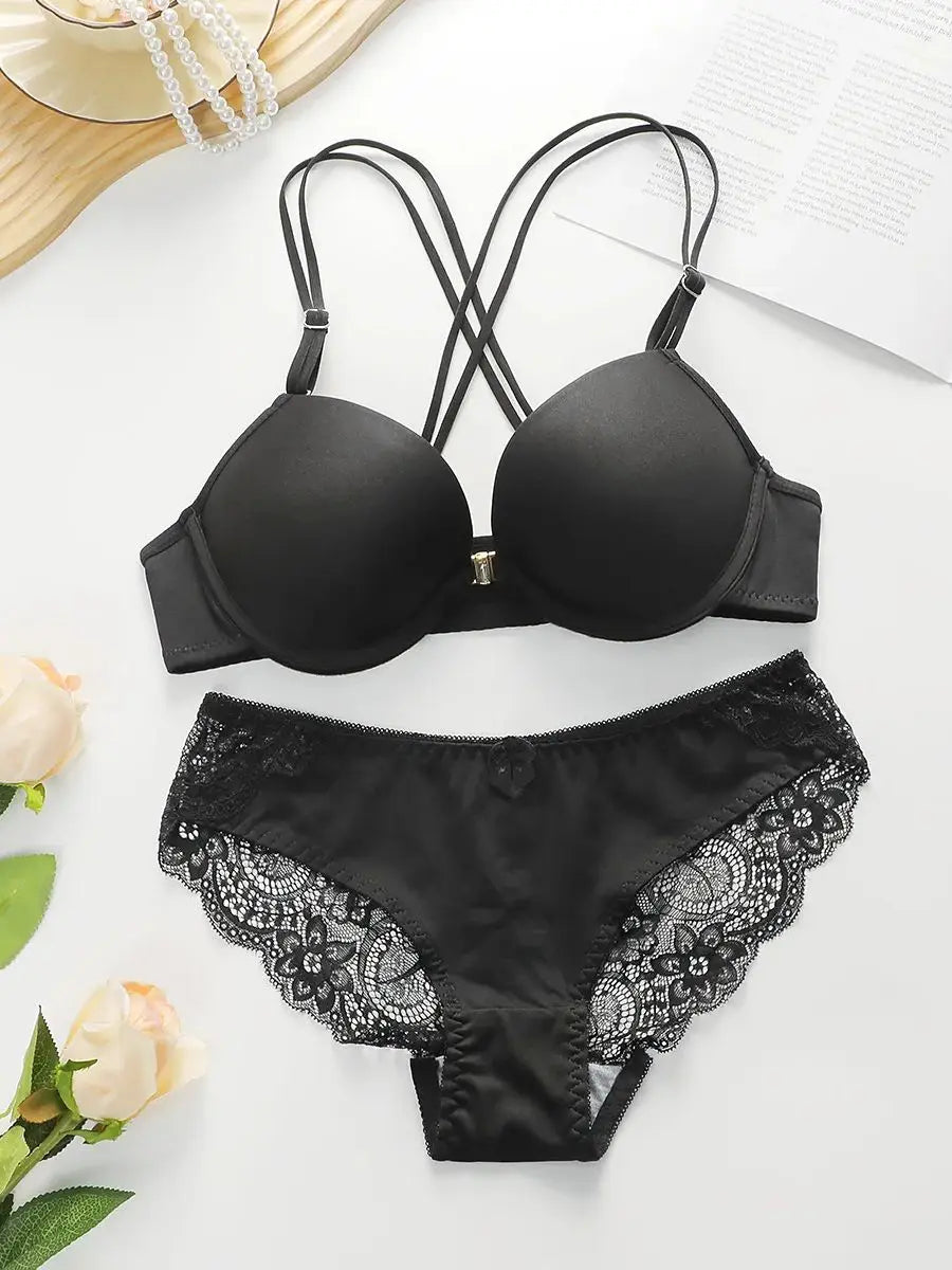 Women's Front Button Back Cross Strap Bra Set Gathering Push Ups Solid Color Lace Sexy Daily Comfort Casual Underwear Set A2159