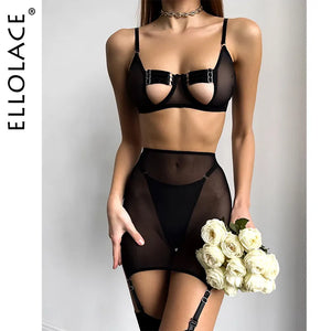 Ellolace Sensual Lingerie Cut Out Bra Garter Lace Up Bandage Sissy Underwear 4-Piece Exotic Sets Transparent Mesh Intimate