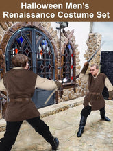 Load image into Gallery viewer, 6 Pcs Men&#39;s Halloween Renaissance Costume Set Medieval Vest Shirt Ankle Banded Pants Viking Belt Armband Pouch
