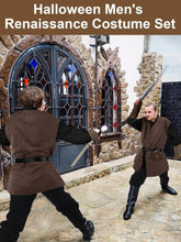 Load image into Gallery viewer, 6 Pcs Men&#39;s Halloween Renaissance Costume Set Medieval Vest Shirt Ankle Banded Pants Viking Belt Armband Pouch
