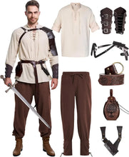 Load image into Gallery viewer, 8 Pcs Men&#39;s Renaissance Costume Halloween Medieval Pirate Shirt Pant Viking Costume Accessories Set
