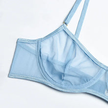 Load image into Gallery viewer, 3pcs Ladies Sexy Solid Sensual Lingerie Set Mesh Underwear Women Push Up Bra Garters Brief Sets Transparent Blue Bra
