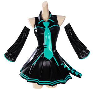 in stock Anime Miku Cosplay Full Set Costume Miku 16TH Cosplay Leather Midi Sexy Dress Halloween Carnival Party JK Uniform