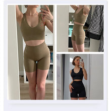 Load image into Gallery viewer, Women Sport Ribbed Bras Set Seamless Underwear Set High Waist Fitness Shorts Female Sexy Lingerie Bralette Deep V Top Sportwear
