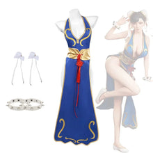 Load image into Gallery viewer, Cosplay Dress Blue Halter Neck High Slit Cheongsam Feminine Halter Neck Street Fighter Game Costume Halloween
