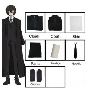 Dazai Osamu Cosplay Costume Bungo Stray Dogs Man and Woman Trench Coat Black Uniform Suits Unisex Wig Accessories