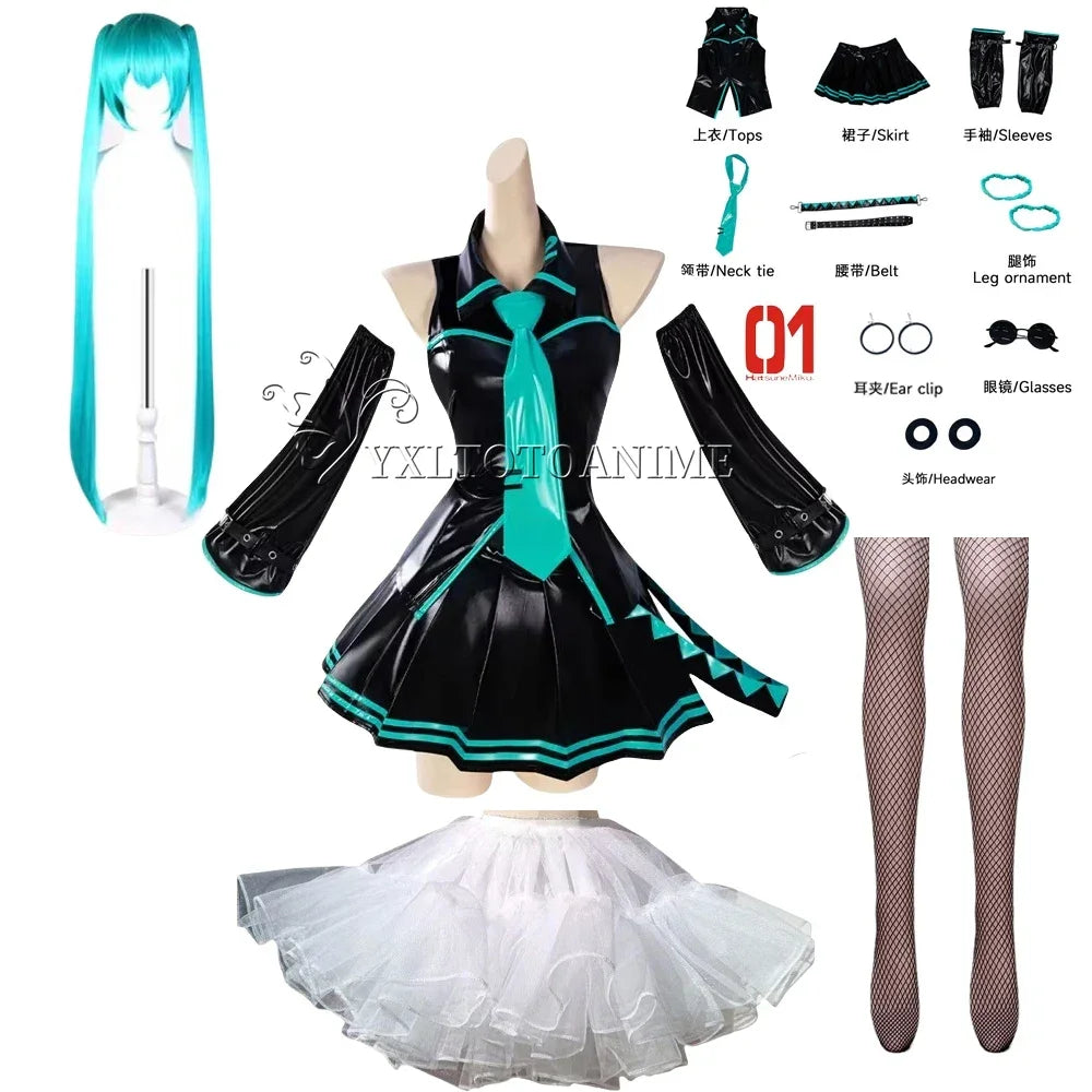 in stock Anime Miku Cosplay Full Set Costume Miku 16TH Cosplay Leather Midi Sexy Dress Halloween Carnival Party JK Uniform