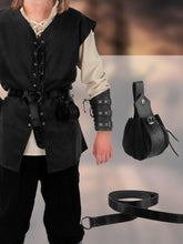 Load image into Gallery viewer, 6 Pcs Men&#39;s Halloween Renaissance Costume Set Medieval Vest Shirt Ankle Banded Pants Viking Belt Armband Pouch
