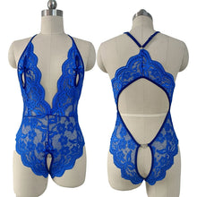 Load image into Gallery viewer, Sexy Crotchless Blue Lingerie Women Lace Hollow Bra Set Erotic Costumes Teddy Baby Doll Dress Deep V Open Bra Porn Underwear Set
