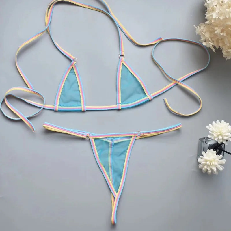 Sexy Mini Bra Sets Wirefree Ultra-thin Mesh Unlined Bra Brief Set Black Transparent 2 Pieces Halter Women's Exotic Lingerie Sets