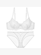 Load image into Gallery viewer, Designer Pure Desire Lingerie French Embroidered Lace Set Minimizing Full Bust Luxury Noir Niche Wedding Gift Unlined Bra Panty
