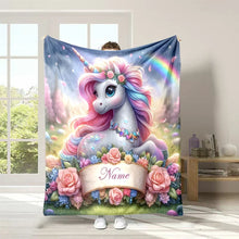 Load image into Gallery viewer, (Memo U Name) Customized Name Personalized Blanket Cartoon Unicorn Print Warm and Comfortable Blanket for Adults and Kids Gifts
